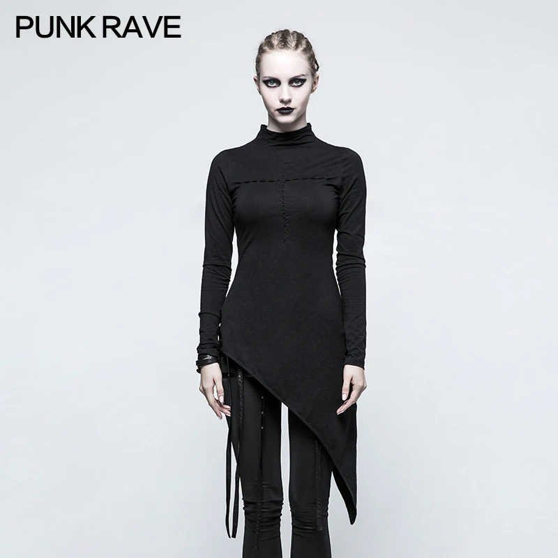 PUNK RAVE Women Punk Style T-shirt Gothic Hollow Out Sexy Spring Asymmetry Long Sleeve Tops | Женская одежда