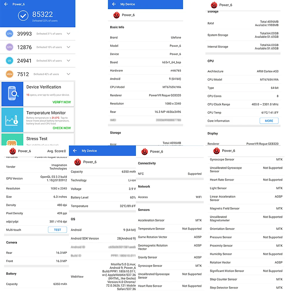 Ulefone power 6 6,3 дюймов FHD+ 4 Гб ОЗУ 64 Гб ПЗУ 16 Мп+ 16 Мп Android 9,0 Восьмиядерный 6350 мАч NFC разблокировка лица 4G смартфон