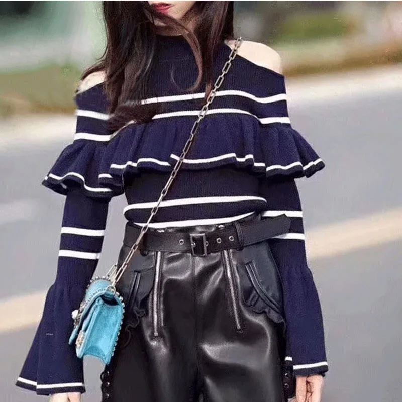 Motina Julia Striped Ruffle cold shoulder knitted sweater women Autumn soft warm chic pullover female Winter party jumper | Женская