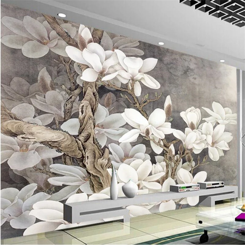 

beibehang Custom wallpaper 3d mural retro nostalgic white magnolia new Chinese background wall living room bedroom 3d wallpaper