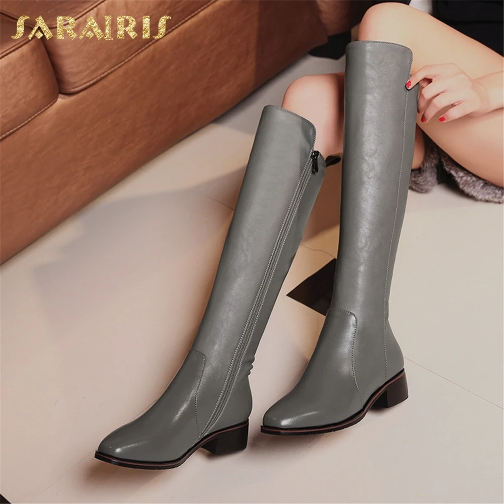 SARAIRIS/; большие размеры 33-42; сапоги из натуральной кожи на квадратном каблуке; женская обувь; сапоги до колена на молнии; женская обувь