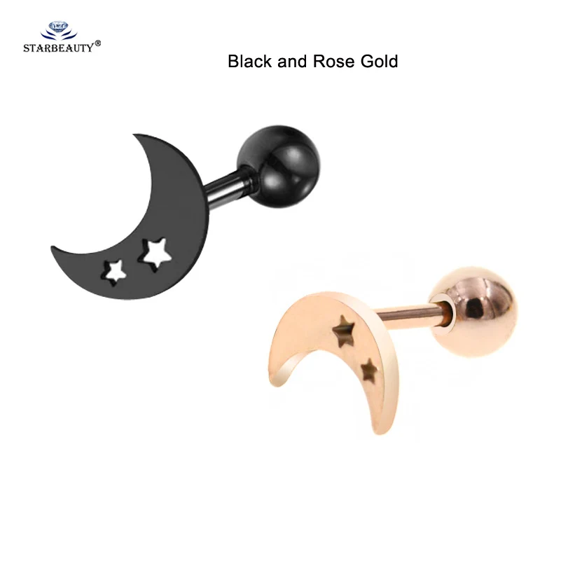 Black and Rose Gold 2 шт./партия 1,0x6 мм Горячая звезда Луна хряща серьги шпилька Спираль пирсинг для пупка пирсинг Oreja пирсинг Orelha уха ювелирные изделия - Окраска металла: Black and Rose Gold