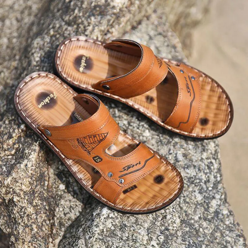 2019 New Men's Beach Waterproof Breathable Non-slip Leather Solid Color Sandals Summer Hasp Shoes Large size Sneakers | Обувь