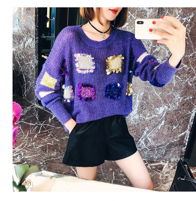 Cakucool пайетки тонкий свитер Для женщин шею блестящие Джемперы Knit Pull Корейская