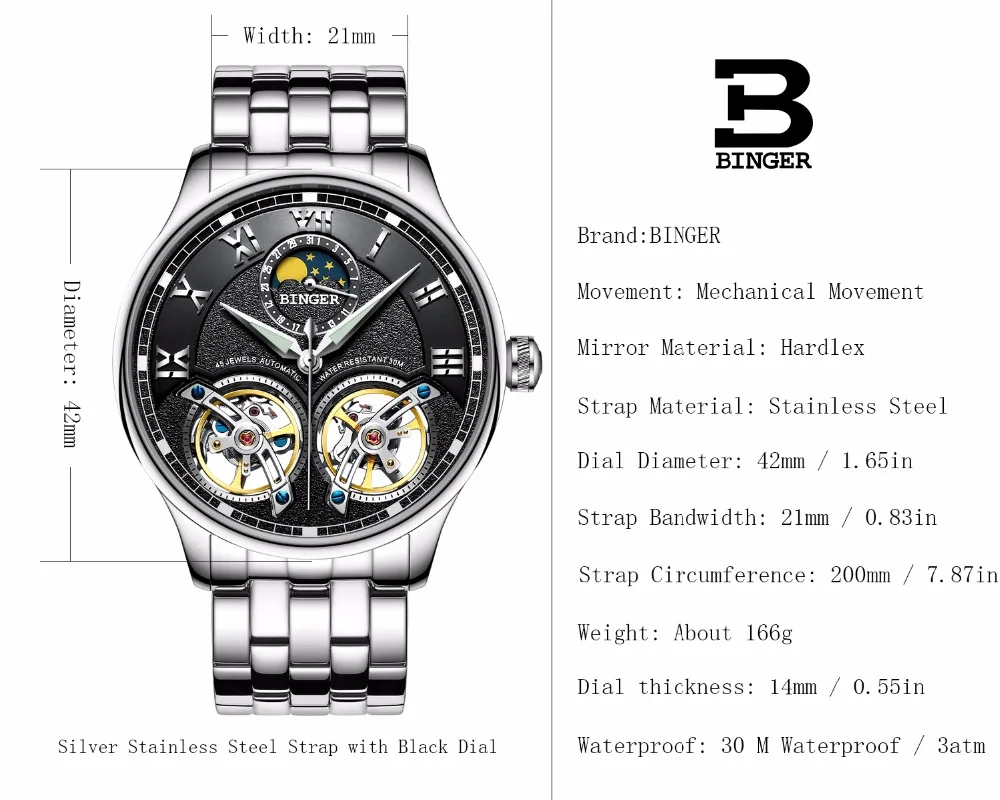 

Switzerland Mechanical Men Watches BINGER Role Luxury Brand Skeleton Wrist Sapphire Waterproof Watch Men Clock Male reloj hombre