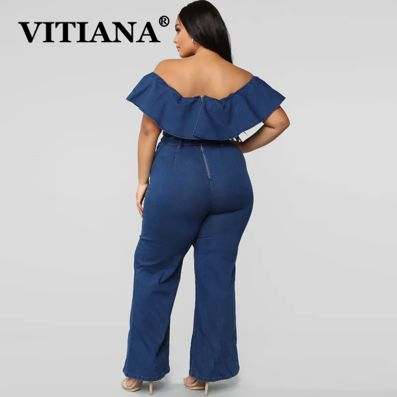 VITIANA 2019 Summer Women Elegant Sexy Solid Denim Jumpsuit Pants Plus Size Off Shoulder Female Bodysuit Rave Festival Clothing | Женская