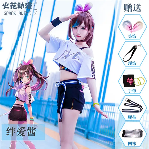 

Popular cosplay costume Kizuna AI Summer T-shirt+Pants Sexy full sets A