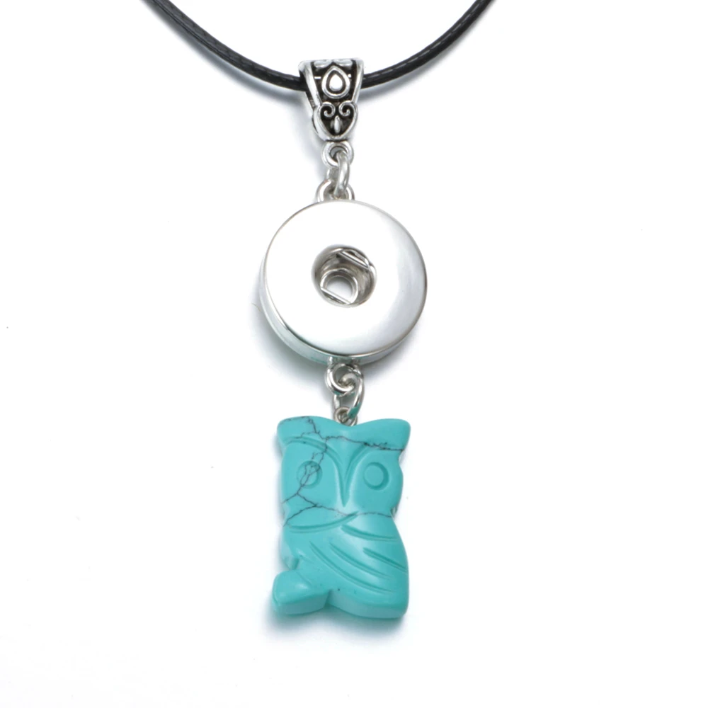 DZ1722a High quality Blue leather Necklace Fit 18mm Snap Button Owl Pendant Snaps Jewelry|snap jewelry pendant|snap button pendantsowl snap necklaces