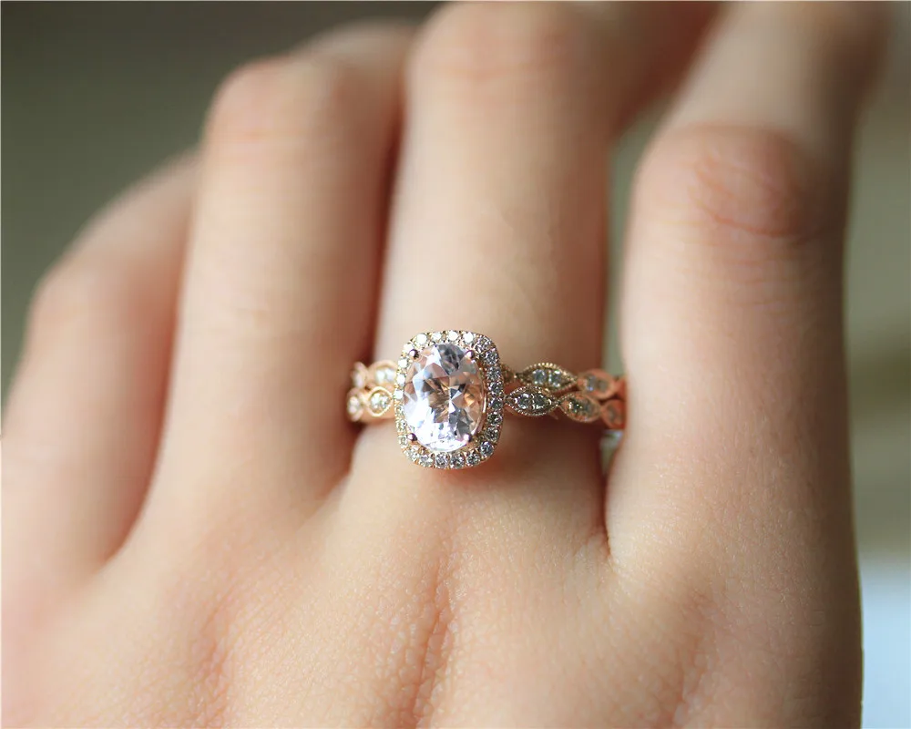 

DUPUY 6*8mm Oval Cut Morganite Ring&Full Eternity Diamond Wedding Ring Set 14K Rose Gold Engagement Ring Set Art Deco Bridal Set