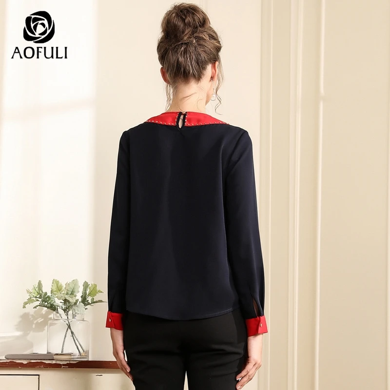 AOFULI L- 3XL 4XL 5XL Rivet Plus size blue shirt Autumn long sleeve blouse Contrast patchwork women pocket tops A3698 |