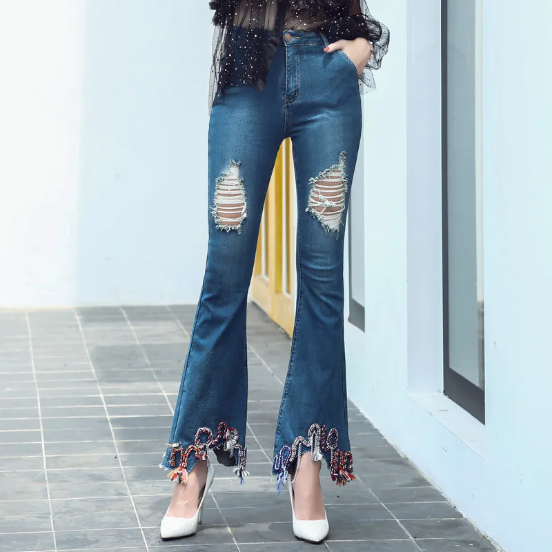 Распродажа женские рваные джинсы модные расклешенные для женщин джинсовые брюки