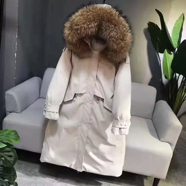 beige coat brown fur Большой воротник из натурального меха енота,, женский длинный пуховик, зимняя куртка, пальто, женская белая куртка-пуховик, свободное теплое пальто с капюшоном - Цвет: beige coat brown fur
