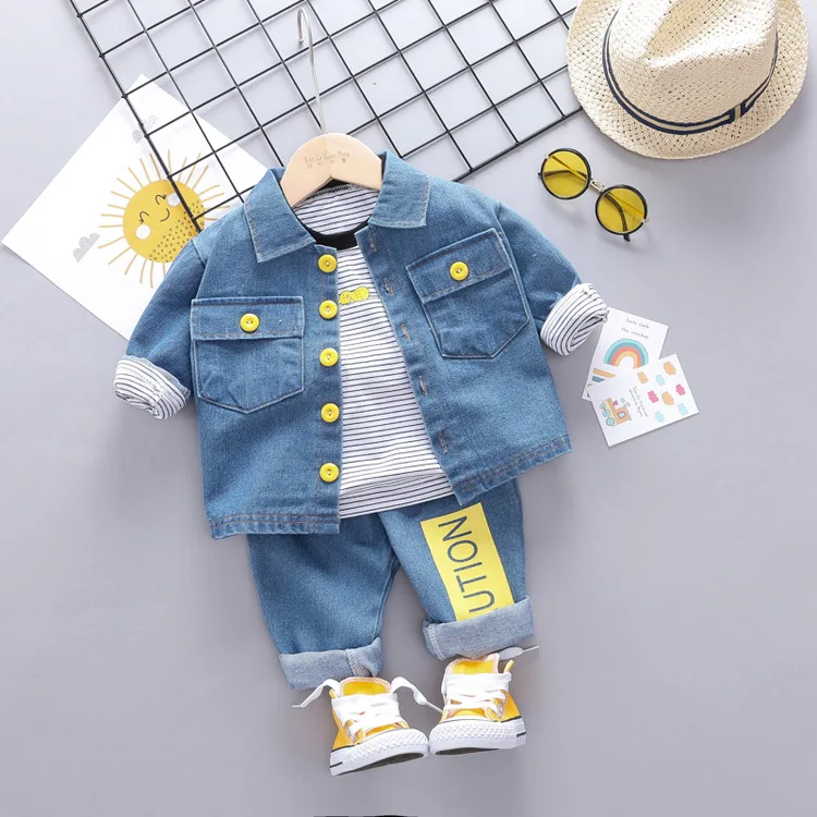 Новинка, осенний костюм для маленьких мальчиков и девочек, Bebek roupa infantil детская рабочая одежда, джинсовые штаны комплект одежды из двух предметов с вырезом спереди