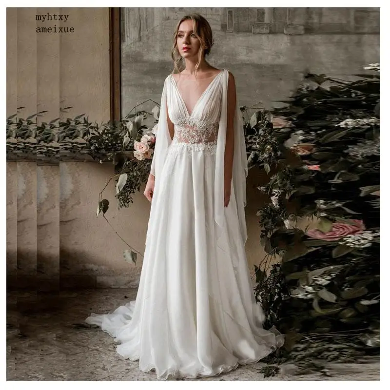 

2020 Sleeveless Chiffon And Satin Boat Neck Sweep Train Button Vestido De Noiva Cheap Long Wedding Dress China Bridal Gowns