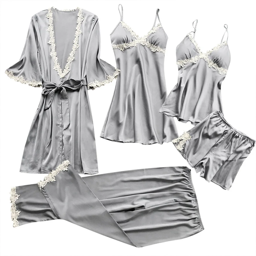 Grey Пижамы, стиль, женское кружевное ночное белье, сексуальное нижнее белье Babydoll, 5 шт., летние товары, женская домашняя одежда, тонкая сексуальная одежда для сна - Цвет: Grey