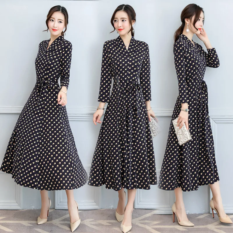 Женское платье в горошек длинное винтажное макси Корейском стиле с длинным