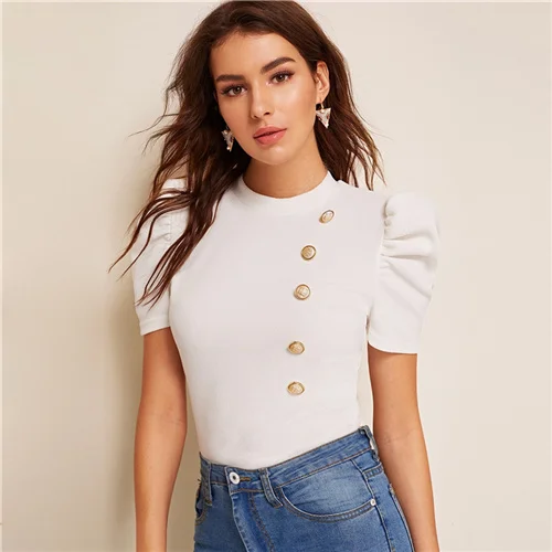 Белый Sheinside Mock-neck Puff Sleeve Button Front top blouse White женские летние топы Slim Fit элегантные женские офисные блузки - Цвет: Белый
