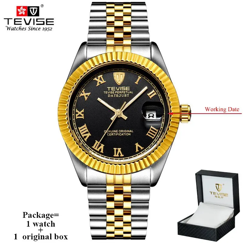 gold black n box TEVISE роскошные механические self-ветер смотреть Для мужчин Бизнес Автоматическая наручные человек Нержавеющая сталь Дата часы Relogio Masculino 629 - Цвет: gold black n box