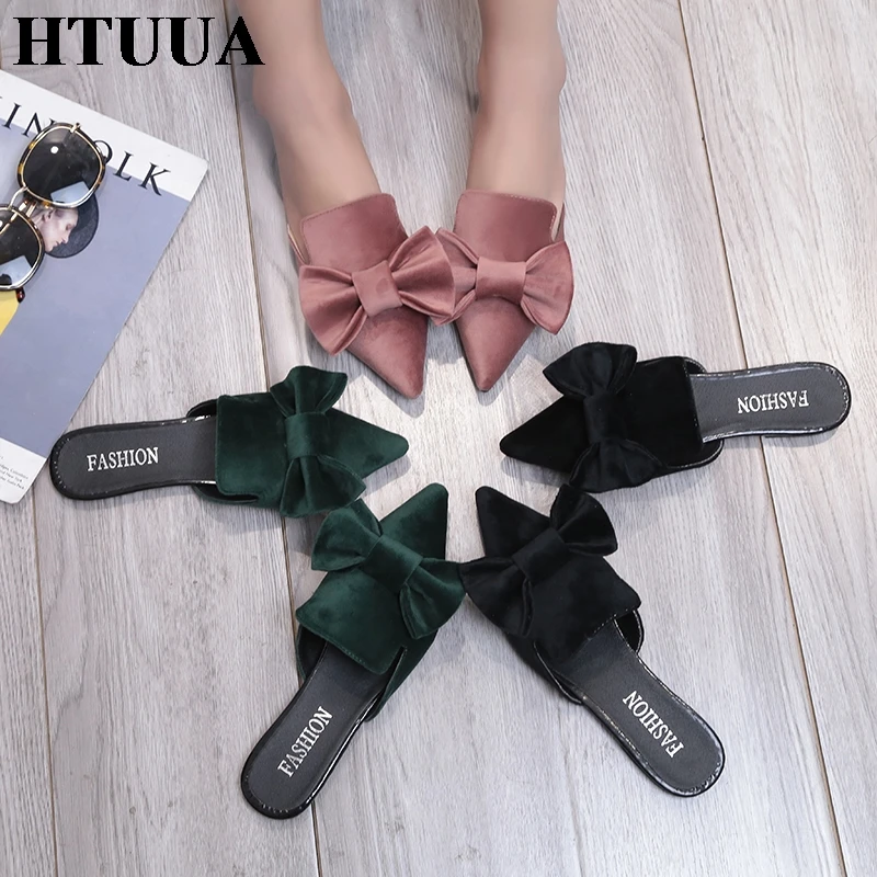 HTUUA/летние туфли без задника из флока женские шлепанцы с острым носком на плоской