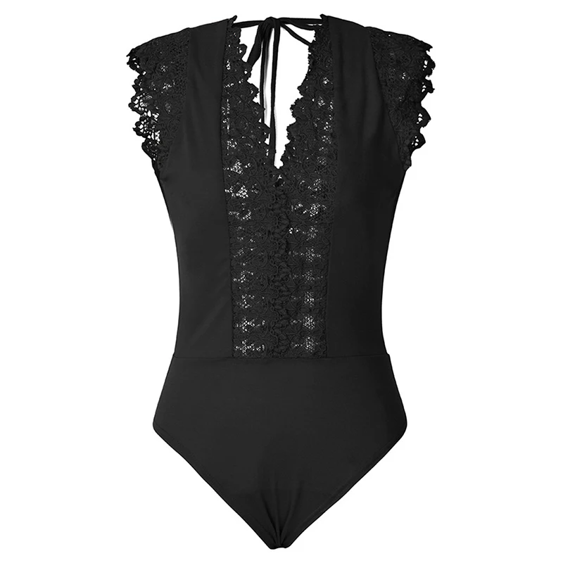 black V-образным вырезом кружева прозрачные сексуальные боди Выдалбливают твердые базовые рубашки сетчатый облегающий костюм женские топы спинки облегающие комбинезоны - Цвет: black