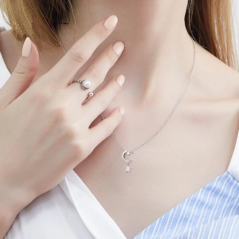 Женское Ожерелье из стерлингового серебра 925 пробы с Луной и звездой фианитом