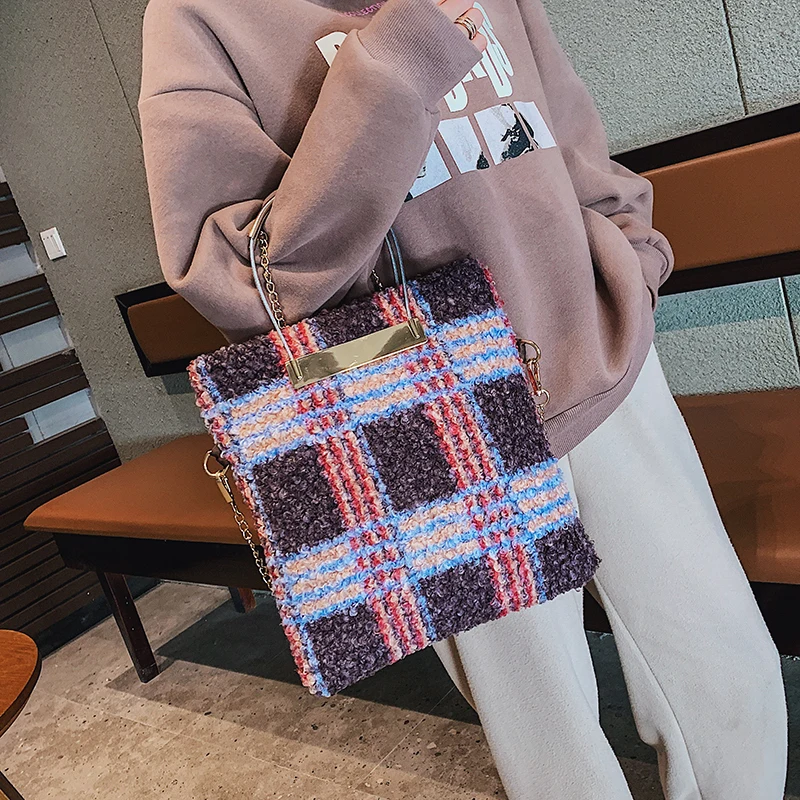 Хорошее качество Мода плед шерстяной металлической ручкой Повседневное Для