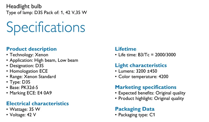 Philips D3S HID 42403 35W ксеноновый Стандартный головной светильник 4200K яркий белый светильник, автомобильные оригинальные лампочки, одобрено ECE, 1X