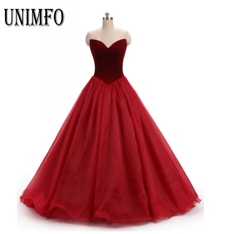 

2019 New Dark Red Velvet Prom Dress With Ball Gown Sweet-heart vestidos de 15 anos Cheap