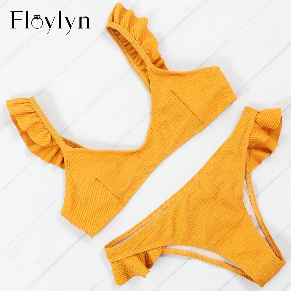 Floylyn, женский сексуальный комплект бикини с оборками, купальник, новинка, пуш-ап, для пляжа, с бретелькой через шею, бандажный купальник, купальный костюм, Maillot De Bain Femme