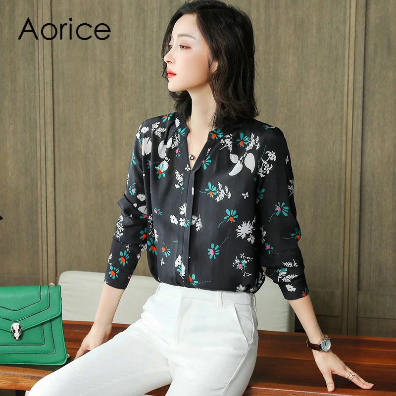 Aorice WP931 100% silk New women black printing V collar skirt front lady Age reduction floral print girl short dress |
