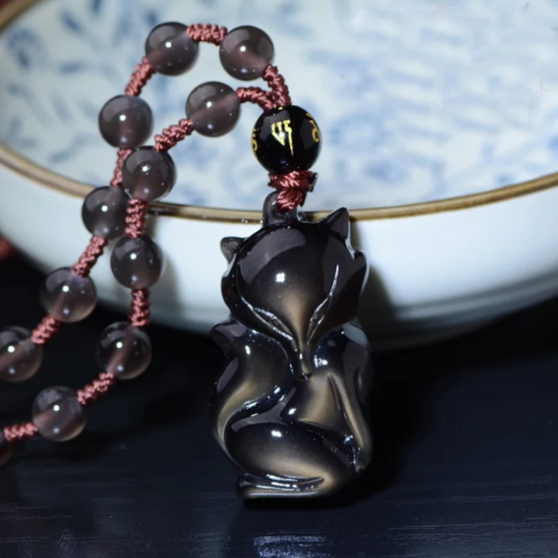 Модный кулон унисекс в виде лисы индивидуальный черный обсидиан крутой