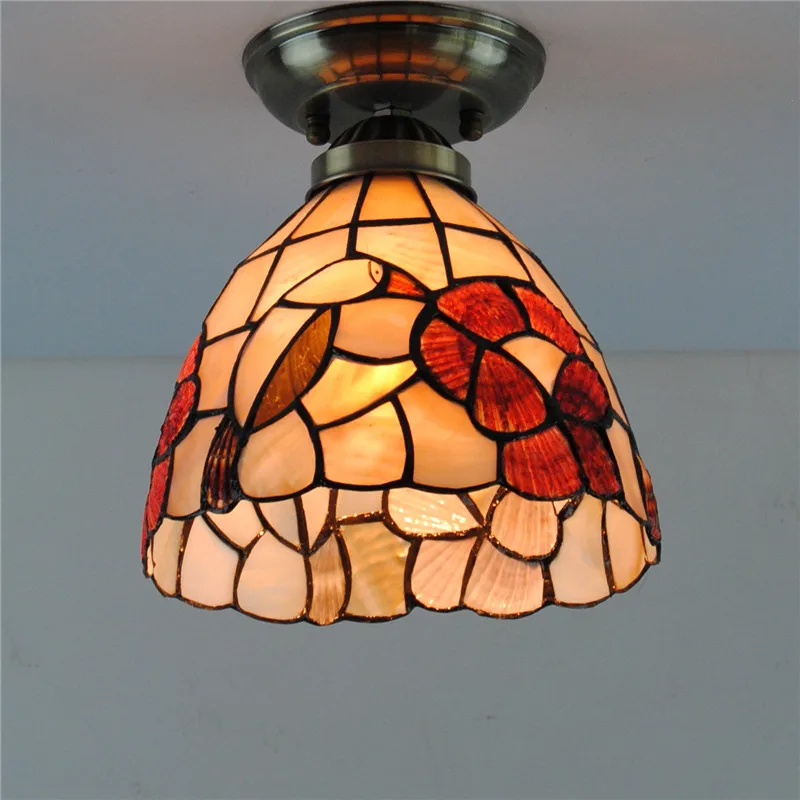 

7" Tiffany Style Birds Shell Ceiling Light Mediterranean Vintage Stained Glass Hanging Lamp Lighting Fixtures For Bedroom CL255
