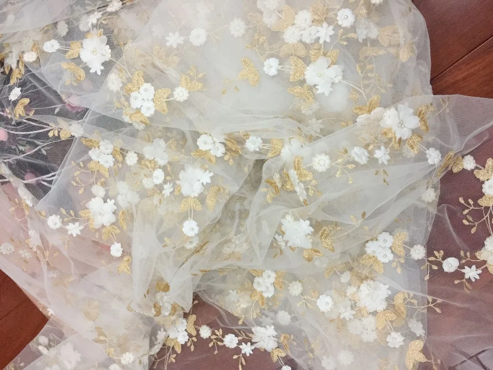 

1 yd 3D Pearl Flower Lace Fabric in Gold by yard for Flower Girl Dress,3D Flower Applique Pearl for Victoria Gown