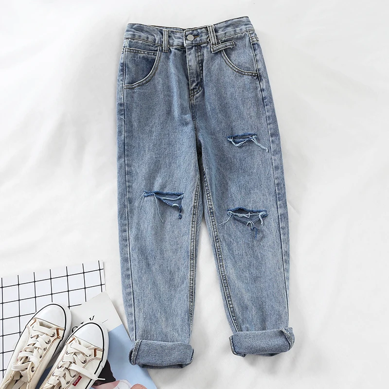 Новинка 2019 модные женские джинсы Ретро стиль высокая талия с дырками для