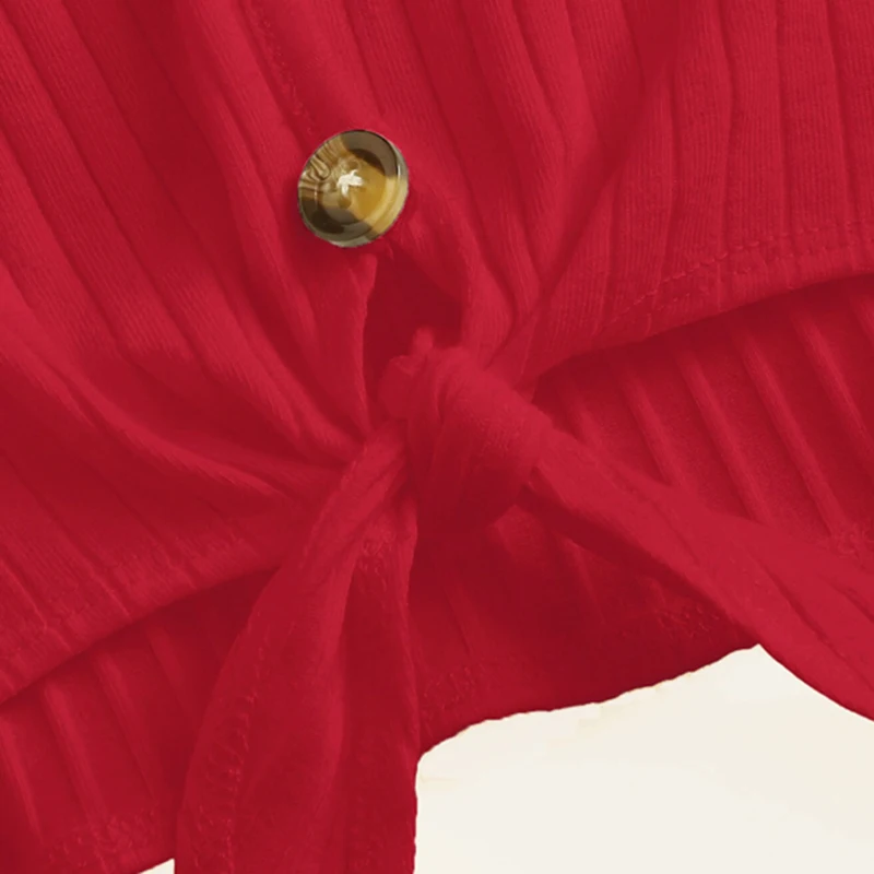 SHEIN Модная трикотажная Футболка с рукавами-крылышками и пуговицами, женская футболка, шикарные летние топы с v-образным вырезом и коротким рукавом