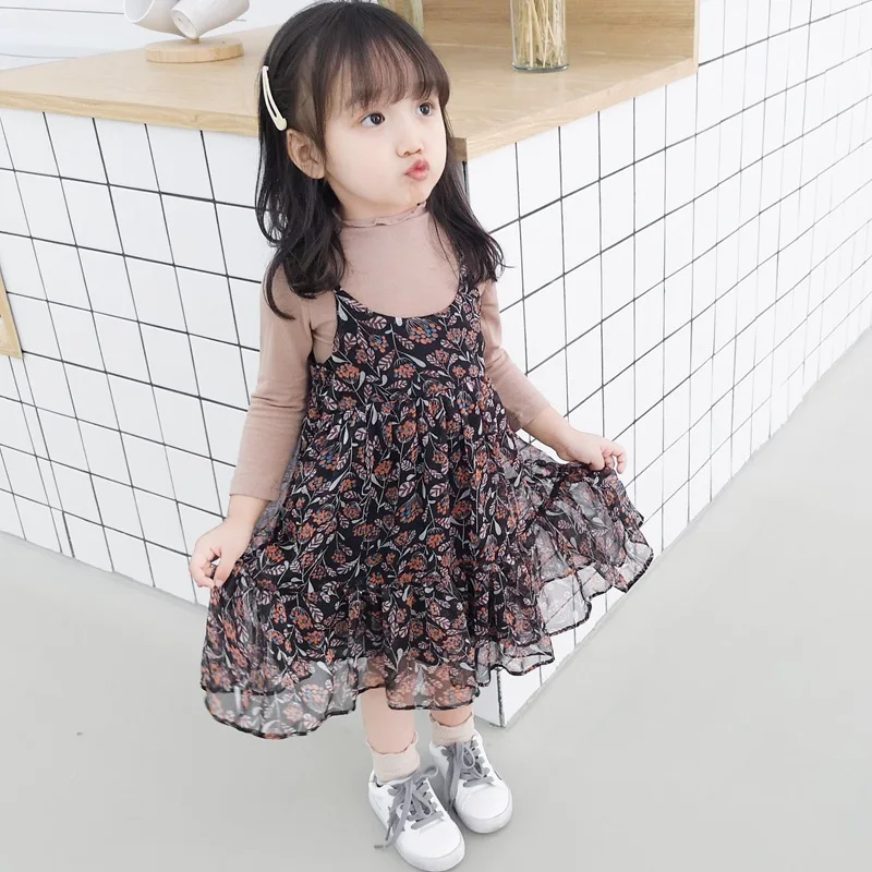 2018 Autumn New Arrival plaid and flowers printed Chiffon suspender Long Dress with Clip Inside for cute sweet princess girls | Детская
