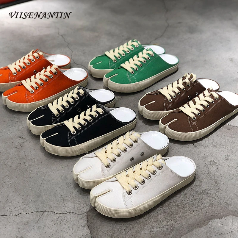 

VIISENANTIN Orange Green Vogue Lady Slides Split Toe Semi-slipper Shoe Canvas Lace Up Slip on Pedal Lady Comfortable Shoe Summer