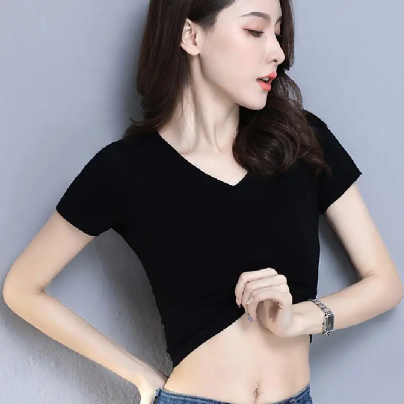 Короткий отрезок пупка с короткими рукавами футболка Для женщин Femme Высокая