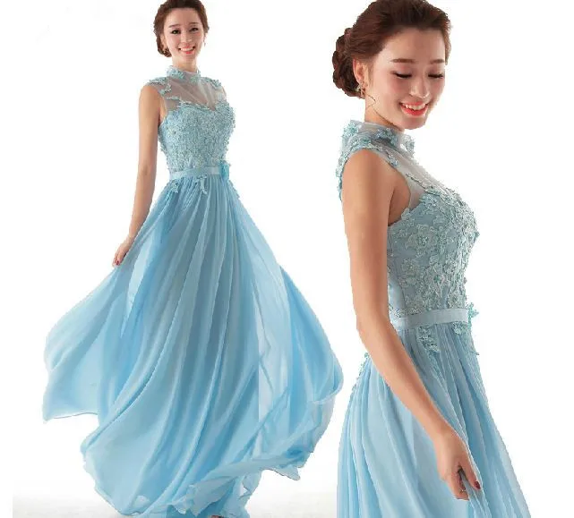 women ceremonial dress evening formal skyblue halter translucent sleeveless chiffon lace sweet elegant | Свадьбы и торжества