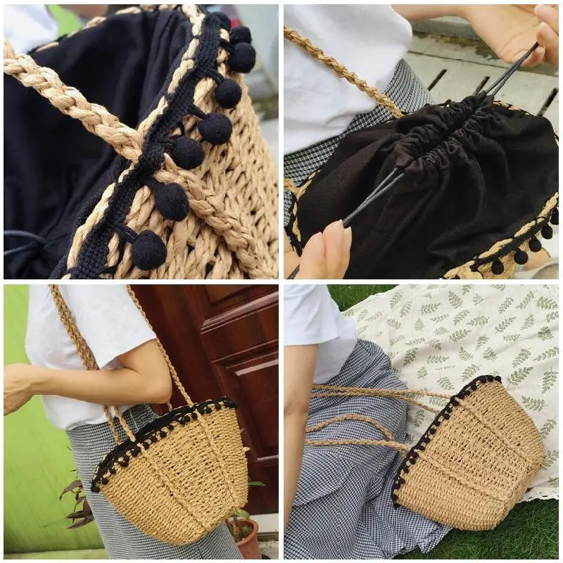 

Women Lady Girl Straw Shoulder Bag Woven Drawstring Vintage For Travel Beach Holiday New
