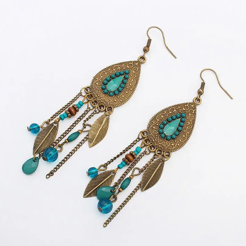 Винтажные серьги в индийском стиле с красивым узором из сплава бусинами листьями и цепочками женские