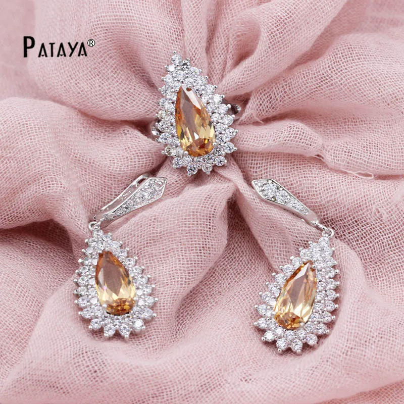 Комплект свадебных украшений из серег и кольца с натуральным белым золотом|wedding