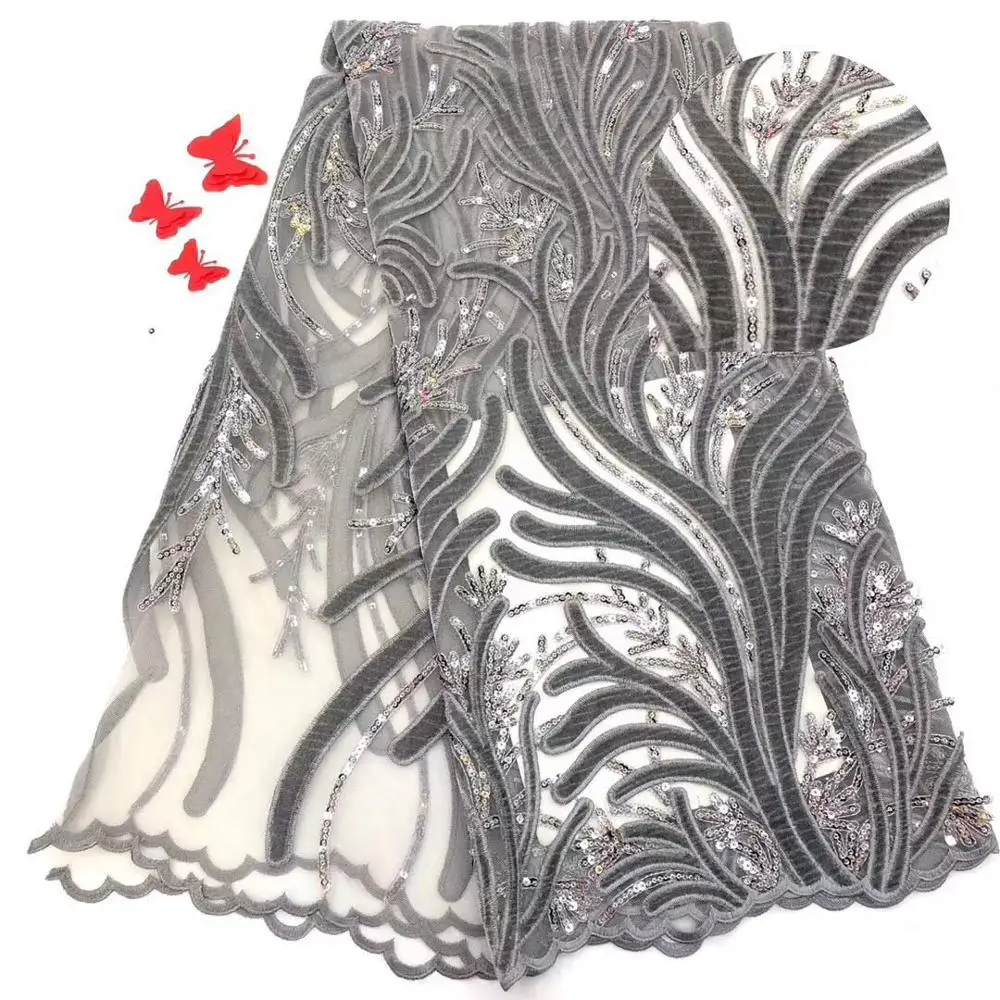 

Grey color sequence African french net glitter velvet Nigerian embroidered tulle mesh sequins lace fabrics for wedding party