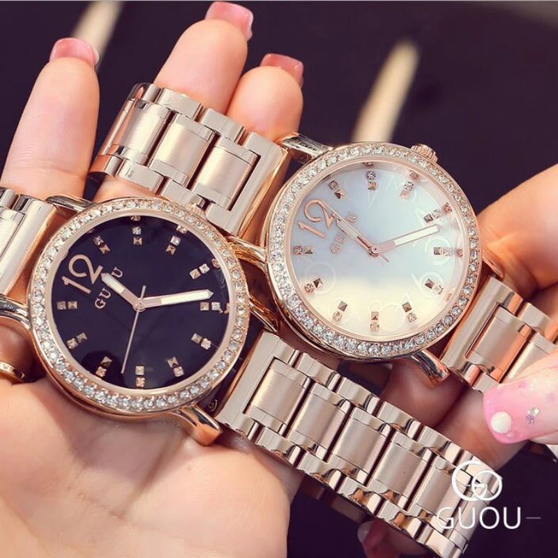 Женские часы с бриллиантами GUOU розовое золото роскошные женские со стразами saat