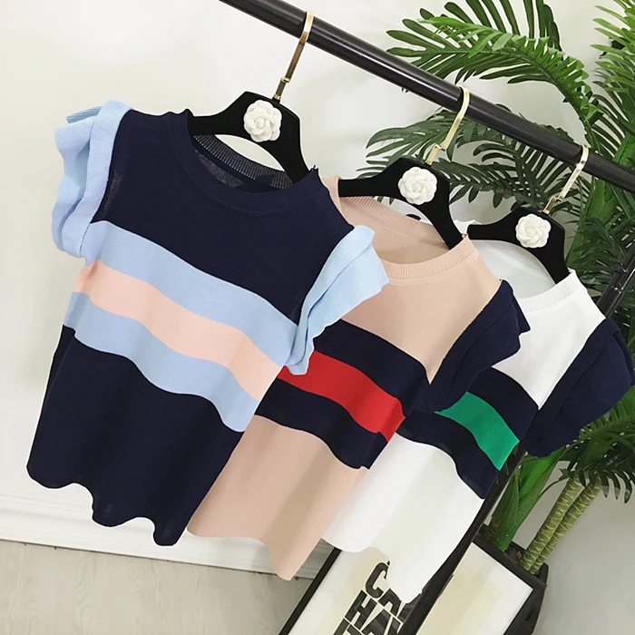 Летние женские трикотажные футболки топы безрукавка в полоску Женская