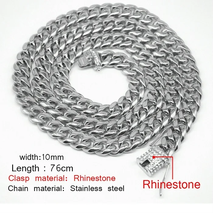 Rhinestone silver UWIN 10 мм мужское кубинское ожерелье из нержавеющей стали, стразы, застежка, золото, серебро, хип-хоп цепочка, ожерелье 76 см - Окраска металла: Rhinestone silver