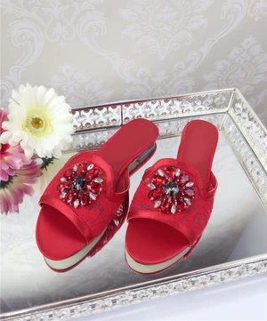 as pic KALMALL sapato feminino/Новые летние шлепанцы; обувь на плоской подошве; Потрясающие наружные горки с бриллиантами; Роскошный цветок со стразами; кружевные шлепанцы - Цвет: as pic