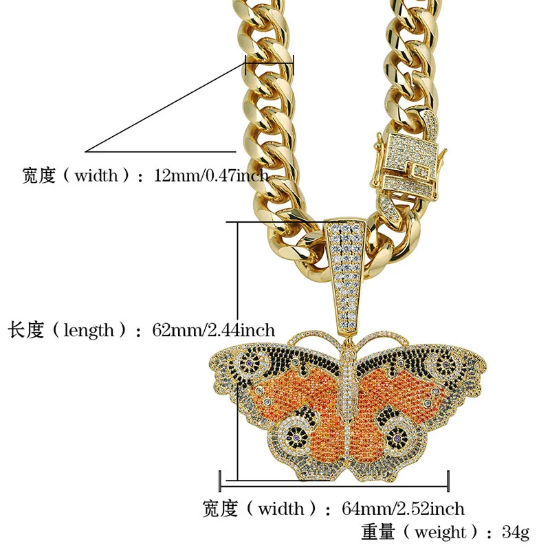 Хип хоп микро проложили AAA кубического циркония Bling льдом из животных Бабочка подвески ожерелья для мужчин рэппер ювелирные изделия Прямая поставка