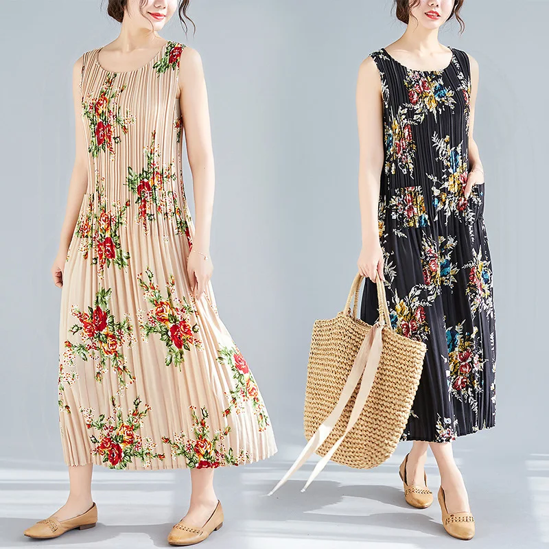 Летние платья женские с цветочным принтом стрейч плиссированные дикие большие