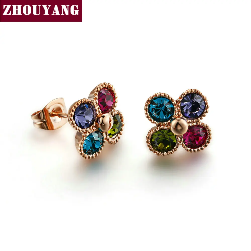Женские Разноцветные серьги гвоздики ZHOUYANG с австрийским кристаллом Lucky Clover